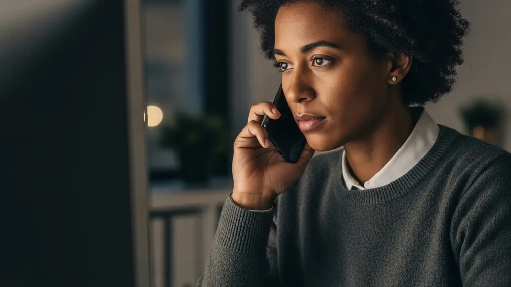 A person sitting in a quiet office at night, looking thoughtfully at a computer screen while holding a phone, with a focused and determined expression.