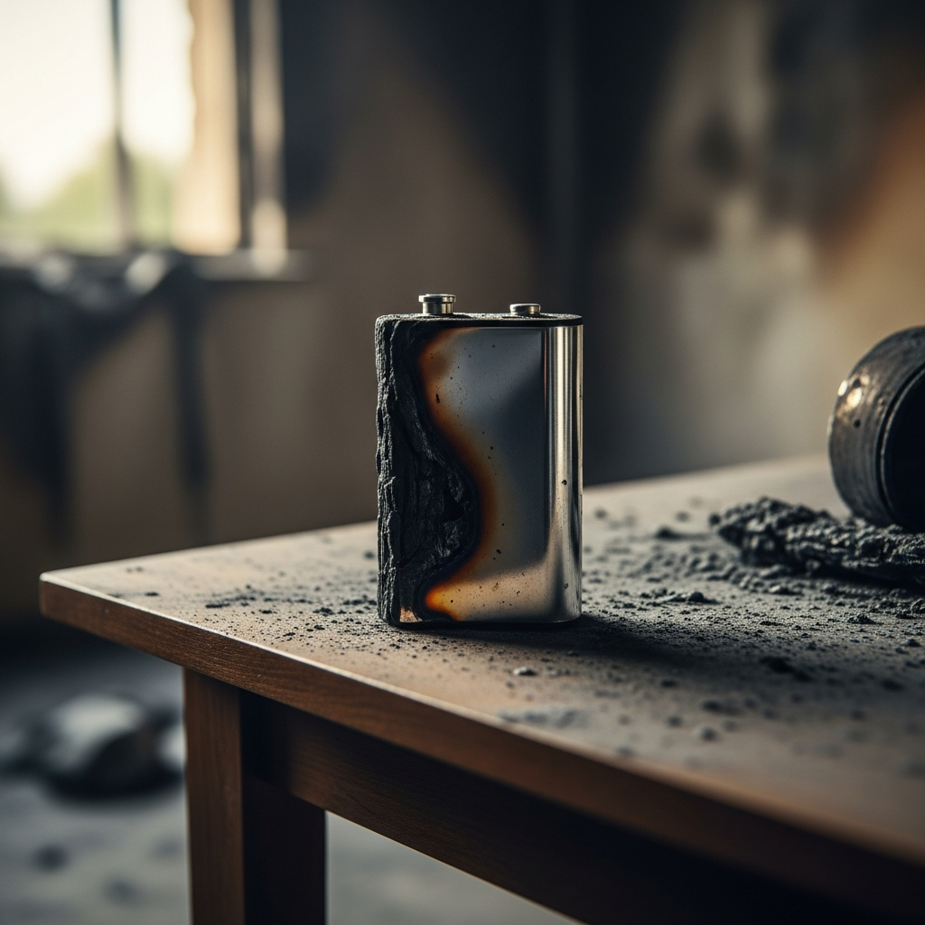 A charred, metallic portable battery pack sitting on a soot-covered wooden table inside a fire-damaged room.