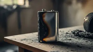 A charred, metallic portable battery pack sitting on a soot-covered wooden table inside a fire-damaged room.