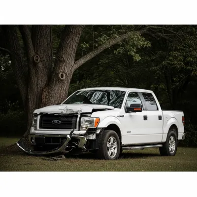 A white Ford F-150 pickup truck with significant front-end damage resting against a large, dark tree in a grassy area during the day.