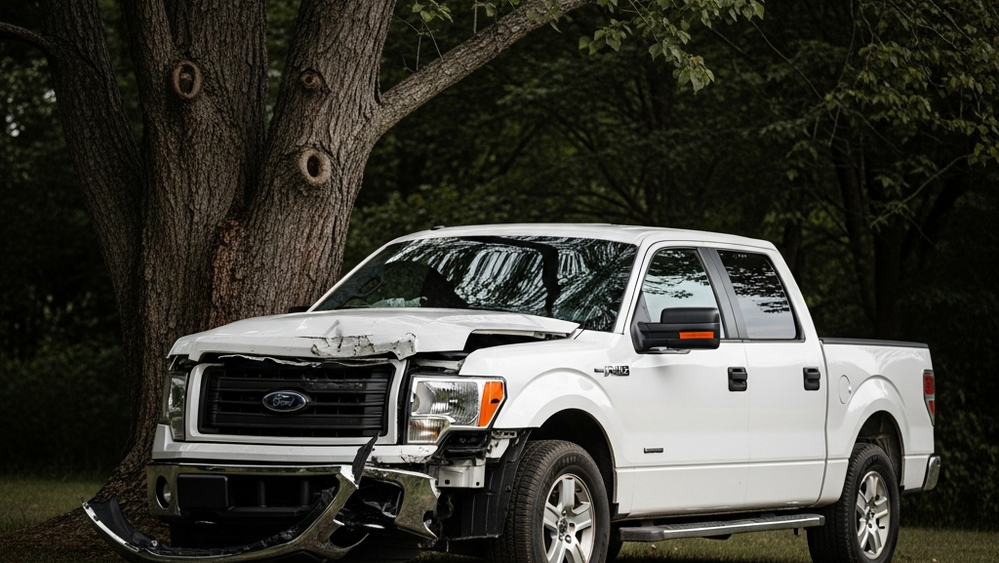A white Ford F-150 pickup truck with significant front-end damage resting against a large, dark tree in a grassy area during the day.