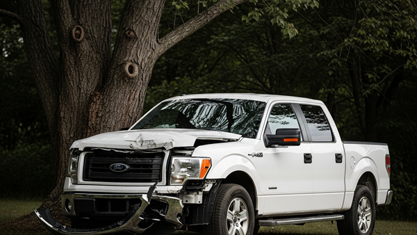 A white Ford F-150 pickup truck with significant front-end damage resting against a large, dark tree in a grassy area during the day.
