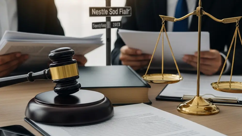A judge's gavel resting on a law book next to a scale of justice, representing the balance of legal fault.