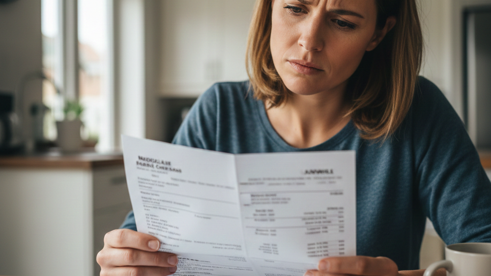 A person sitting at a wooden table with a calculator and a stethoscope nearby, looking at a stack of papers with a thoughtful expression.