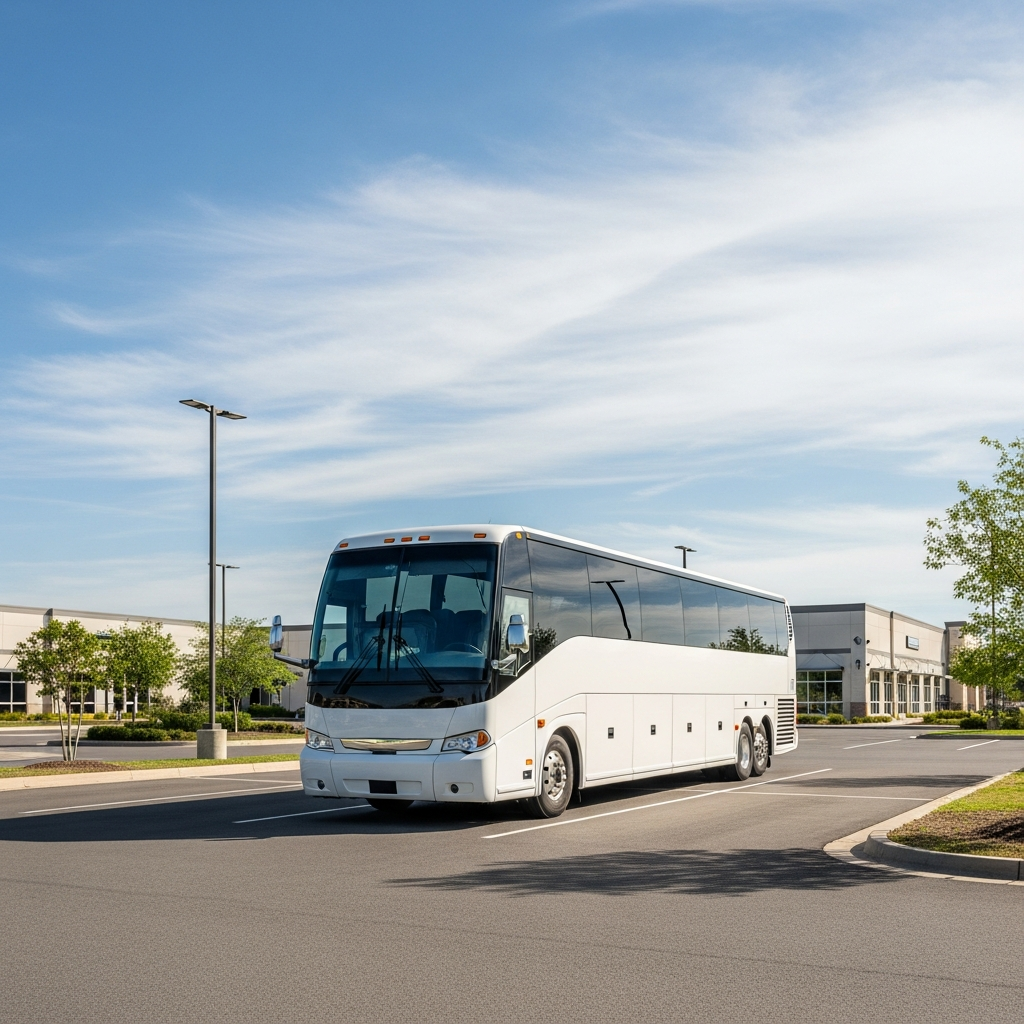 A large white luxury coach bus parked in a quiet commercial parking lot during the day, representing the transportation industry.