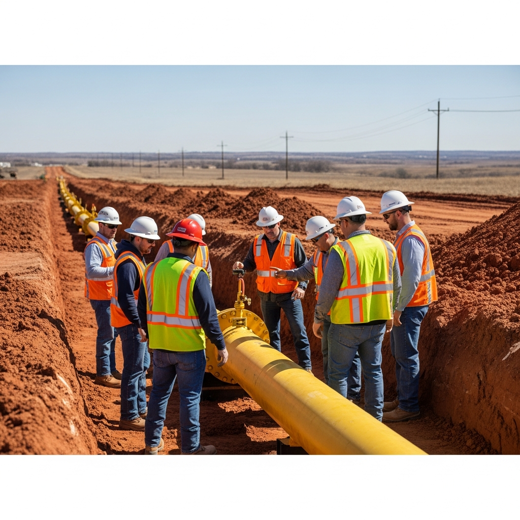 A group of construction workers in safety vests standing near a large yellow natural gas pipeline at an Oklahoma excavation site