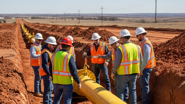 A group of construction workers in safety vests standing near a large yellow natural gas pipeline at an Oklahoma excavation site