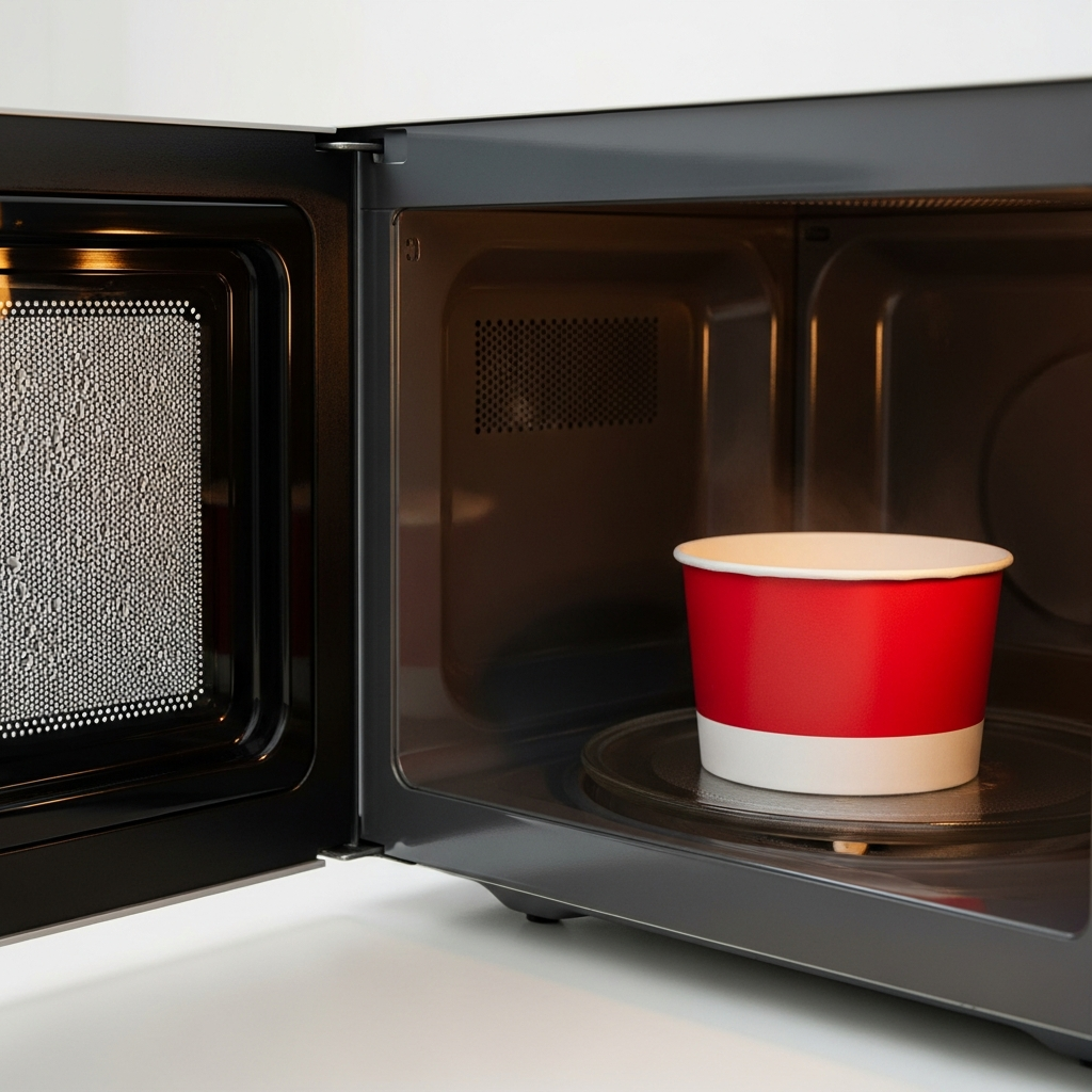 A red and white soup bowl container sitting inside a modern microwave oven with condensation on the glass door.