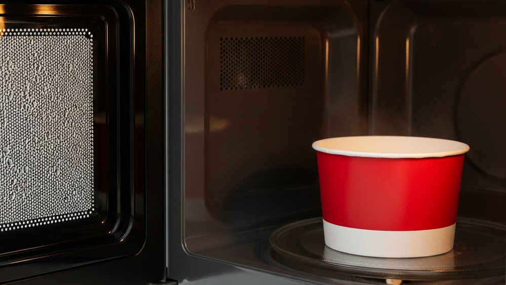 A red and white soup bowl container sitting inside a modern microwave oven with condensation on the glass door.