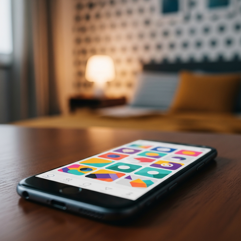 A close-up of a smartphone screen showing a colorful social media feed resting on a teenage bedroom desk with a soft-focus background of a cozy room.