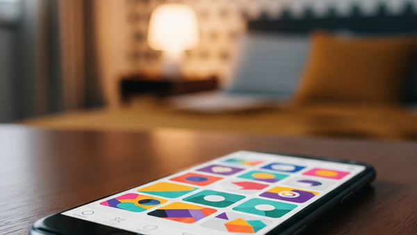 A close-up of a smartphone screen showing a colorful social media feed resting on a teenage bedroom desk with a soft-focus background of a cozy room.