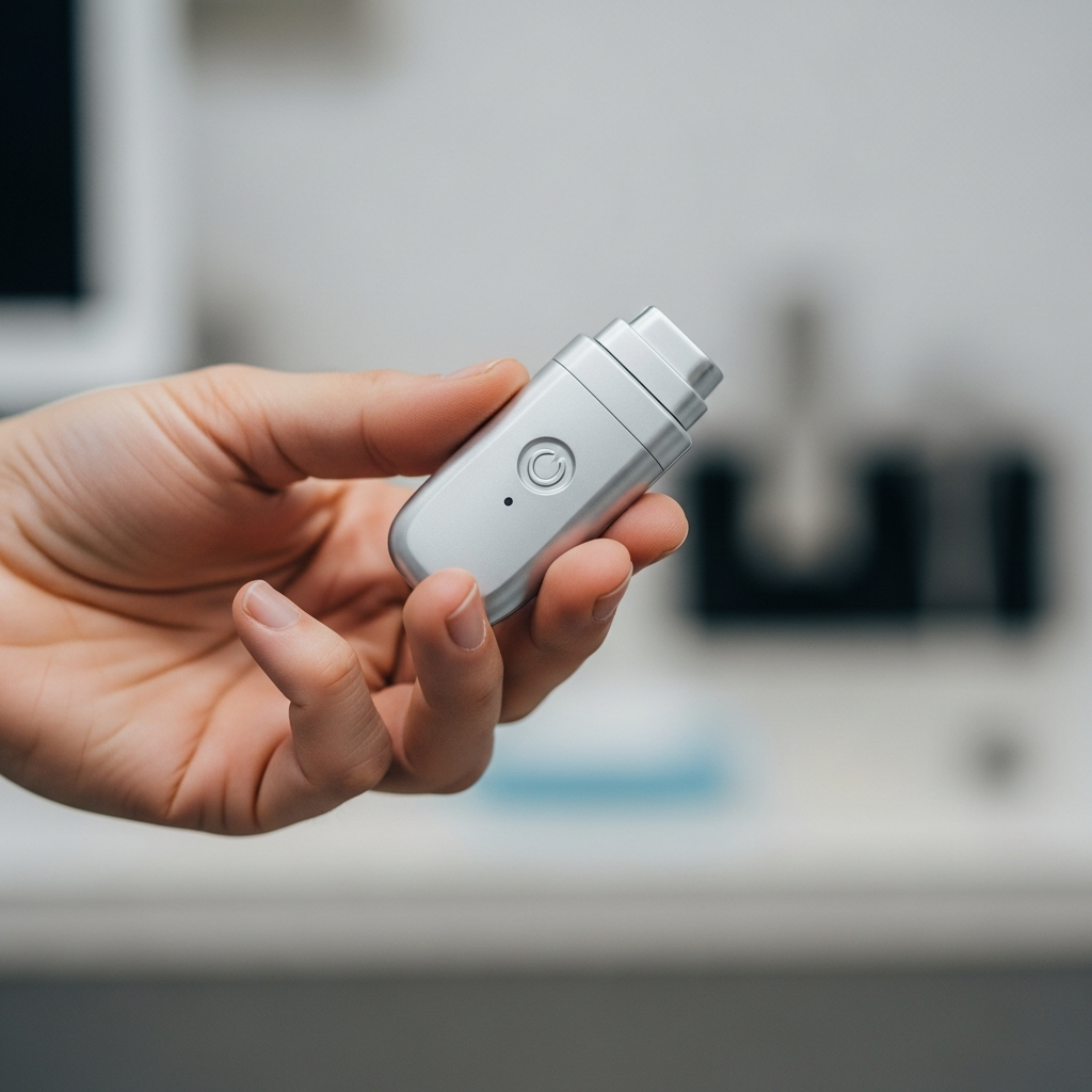 A close up view of a hand holding a small, silver medical neurostimulator device against a neutral medical background