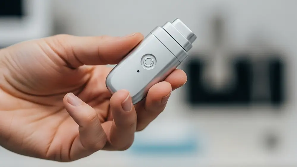 A close up view of a hand holding a small, silver medical neurostimulator device against a neutral medical background