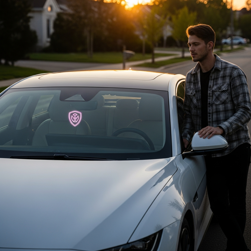 A modern white sedan parked on a quiet residential street at dusk, showing a glowing pink emblem on the dashboard reflecting against the windshield.