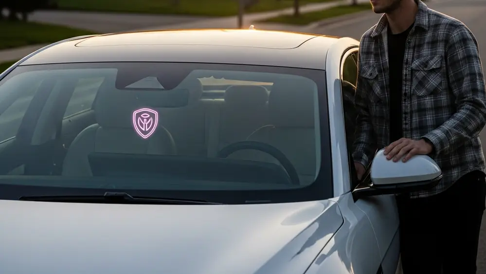 A modern white sedan parked on a quiet residential street at dusk, showing a glowing pink emblem on the dashboard reflecting against the windshield.