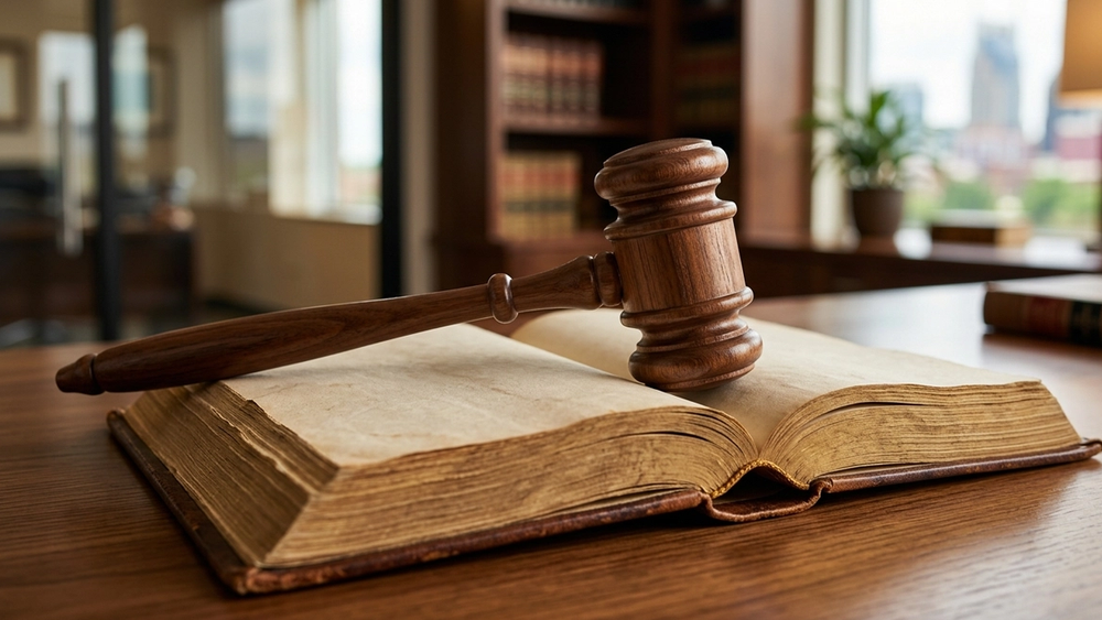 A close up of a wooden gavel and a law book representing Tennessee civil justice laws on a desk.