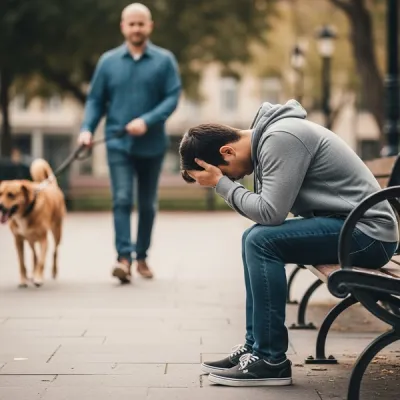 A person sitting on a park bench looking distressed with their head in their hands, while in the blurry background, a large dog on a leash is being walked by its owner.