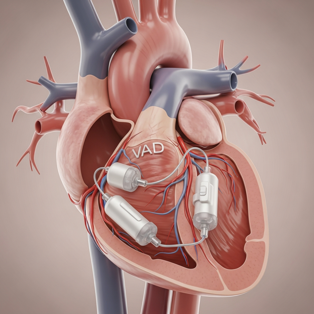 A detailed medical illustration showing a ventricular assist heart pump device placed inside a human heart chamber, without any visible text or labels.