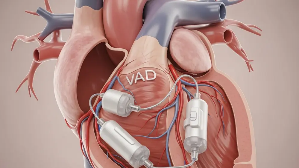 A detailed medical illustration showing a ventricular assist heart pump device placed inside a human heart chamber, without any visible text or labels.