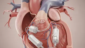 A detailed medical illustration showing a ventricular assist heart pump device placed inside a human heart chamber, without any visible text or labels.