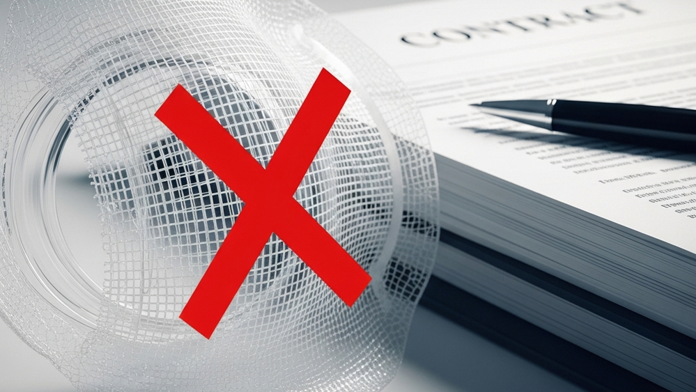 A stylized image of a pelvic mesh implant with a red X over it, indicating complications, near legal documents.