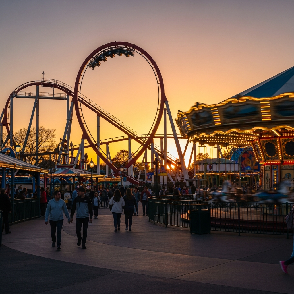 A brightly lit amusement park at sunset with a large roller coaster loop in the background and people walking on a paved pathway near a spinning carousel.