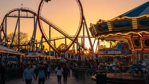 A brightly lit amusement park at sunset with a large roller coaster loop in the background and people walking on a paved pathway near a spinning carousel.
