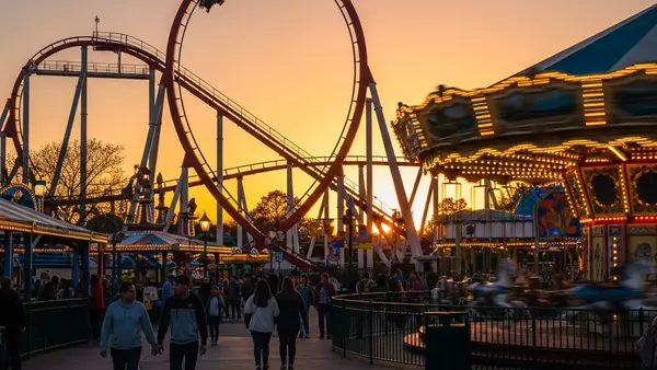 A brightly lit amusement park at sunset with a large roller coaster loop in the background and people walking on a paved pathway near a spinning carousel.