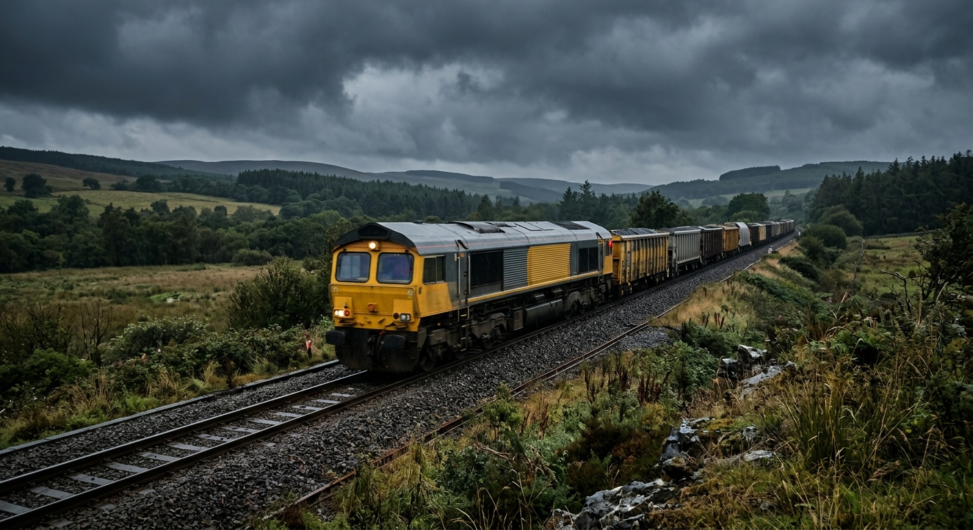 A yellow and grey freight train moving along steel tracks in a rural landscape during a dark stormy day with heavy rain clouds in the sky.