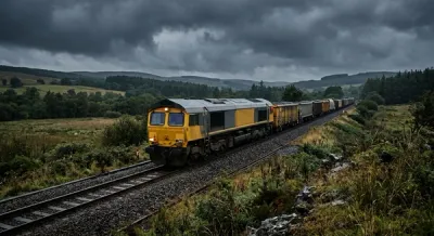 A yellow and grey freight train moving along steel tracks in a rural landscape during a dark stormy day with heavy rain clouds in the sky.