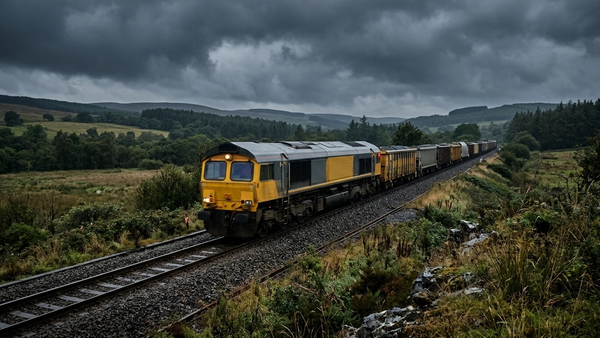 A yellow and grey freight train moving along steel tracks in a rural landscape during a dark stormy day with heavy rain clouds in the sky.
