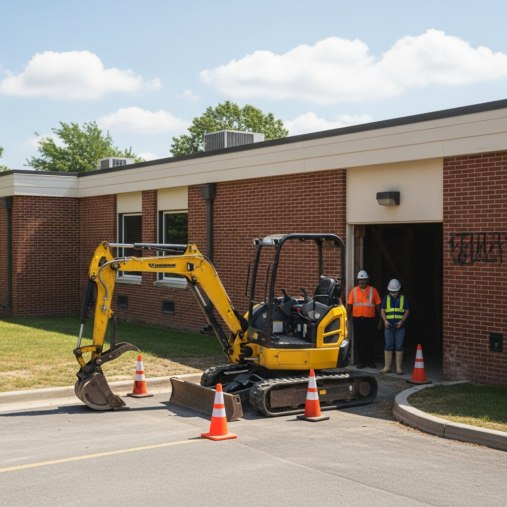 A yellow mini-excavator positioned near a construction entrance to a school crawl space with safety cones nearby.