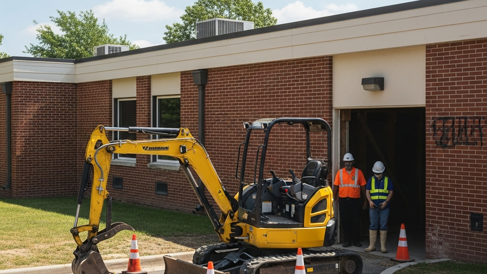 A yellow mini-excavator positioned near a construction entrance to a school crawl space with safety cones nearby.