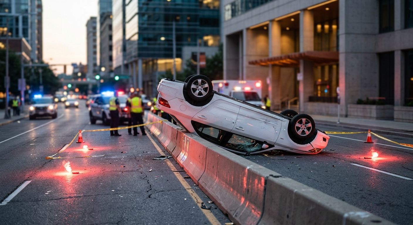 A white sedan is overturned on its roof in the center of a city road next to a concrete divider with emergency light flares nearby
