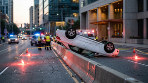 A white sedan is overturned on its roof in the center of a city road next to a concrete divider with emergency light flares nearby