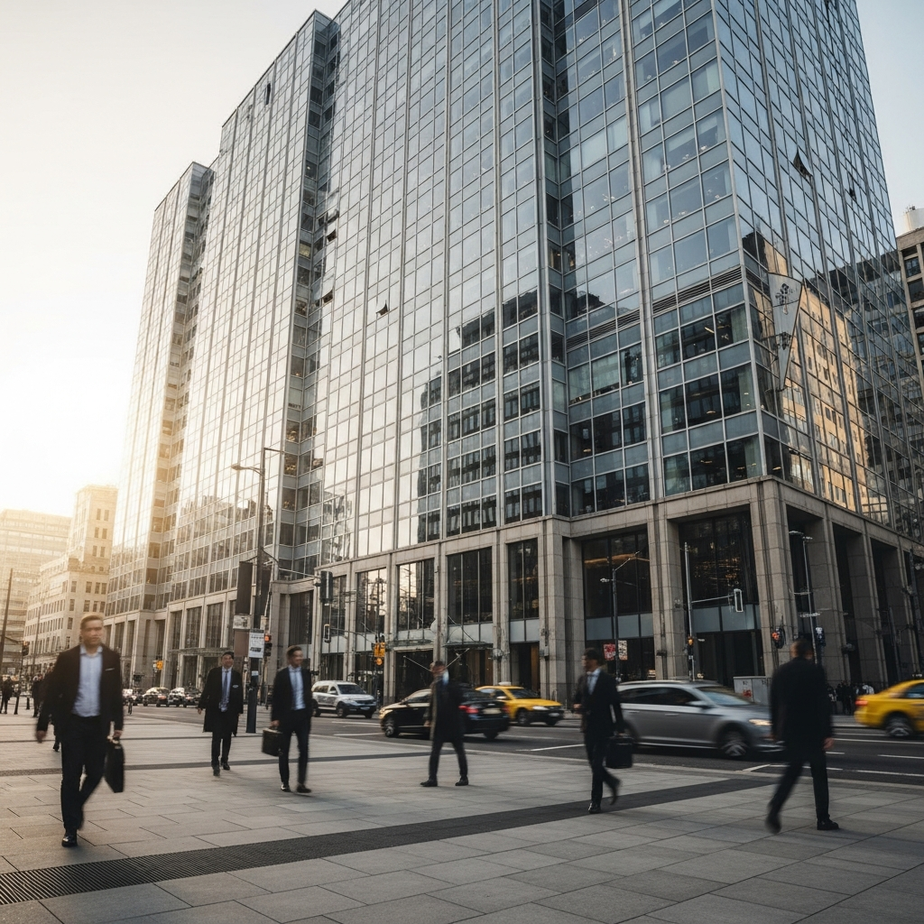 A wide-angle view of a modern high-rise office building in a busy city center, with sunlight reflecting off the large glass windows and people walking on the sidewalk below.