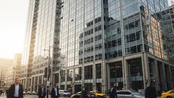 A wide-angle view of a modern high-rise office building in a busy city center, with sunlight reflecting off the large glass windows and people walking on the sidewalk below.