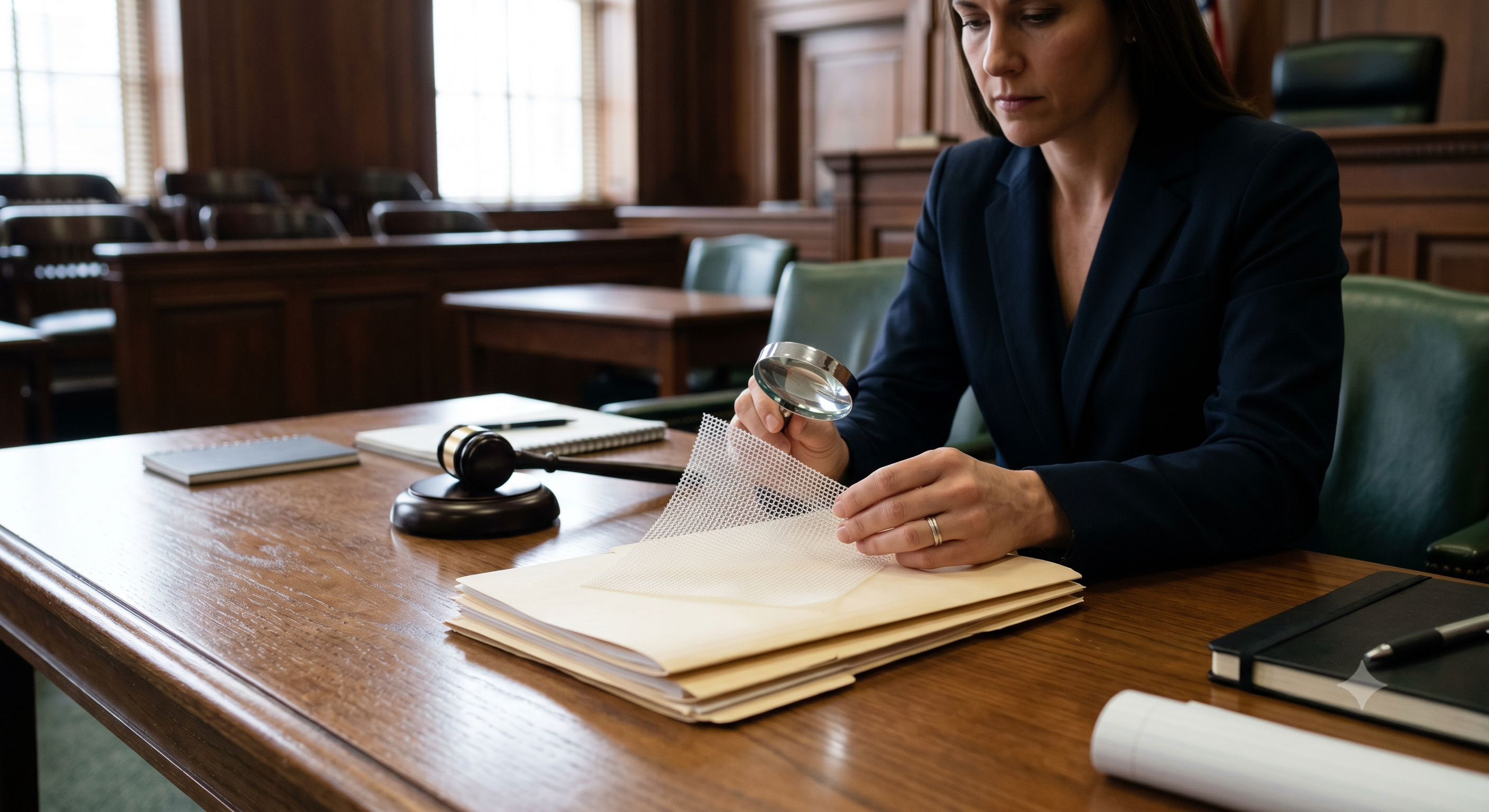 A detailed close-up photograph of a sample piece of polypropylene surgical hernia mesh, a common medical device, resting as evidence on legal documents on a polished mahogany courtroom table. An attorney, wearing a dark blazer, is carefully inspecting the textured mesh using a magnifying glass.