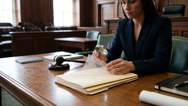 A detailed close-up photograph of a sample piece of polypropylene surgical hernia mesh, a common medical device, resting as evidence on legal documents on a polished mahogany courtroom table. An attorney, wearing a dark blazer, is carefully inspecting the textured mesh using a magnifying glass.