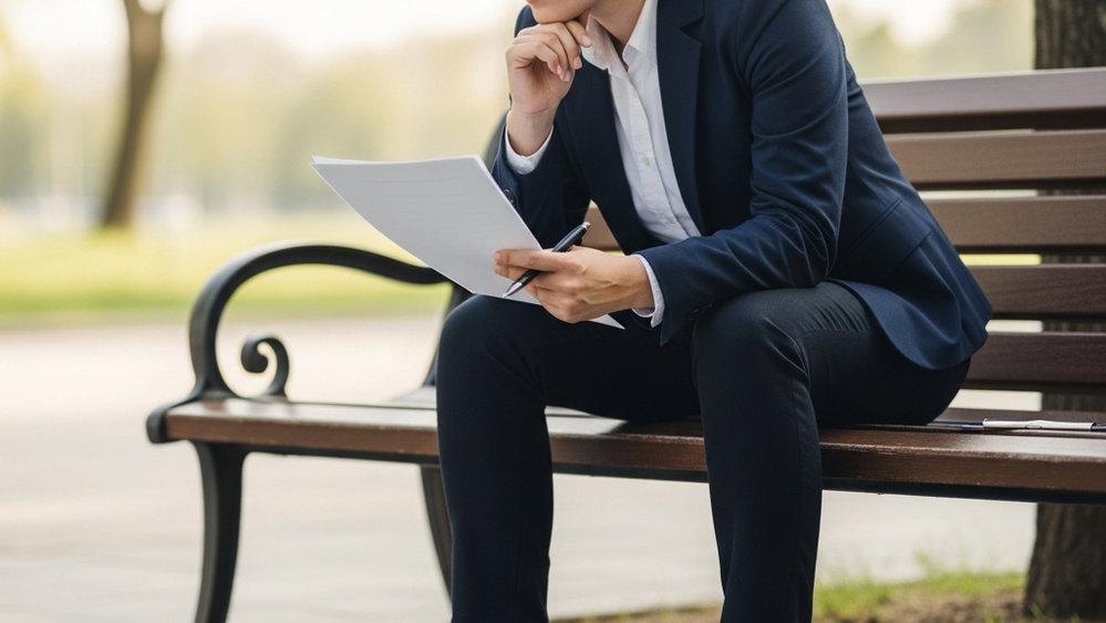 A professional individual in business attire sitting on a park bench looking thoughtful and worried, holding a generic unreadable document and a pen.