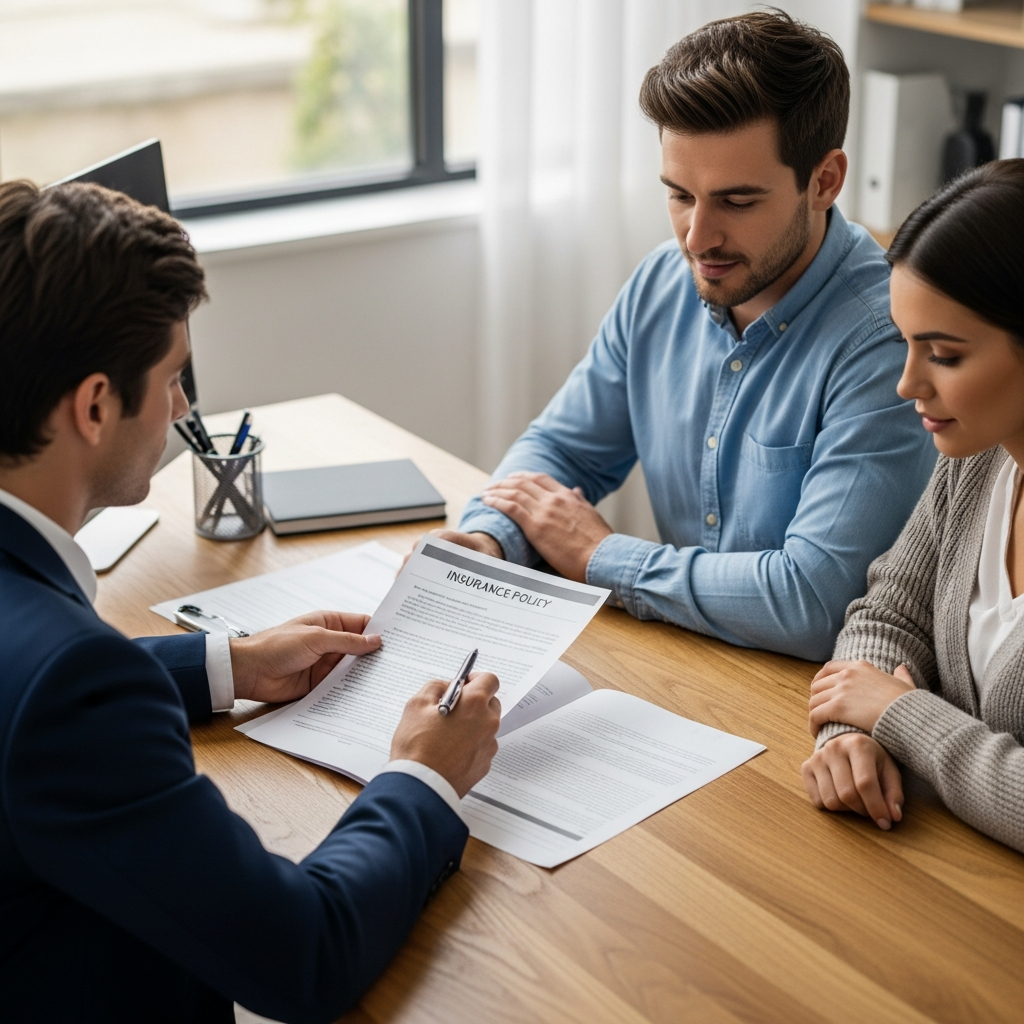 An insurance agent sitting across from a couple at a wooden desk, pointing at a paper policy document while holding a pen.