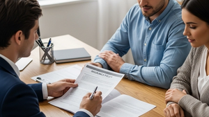 An insurance agent sitting across from a couple at a wooden desk, pointing at a paper policy document while holding a pen.