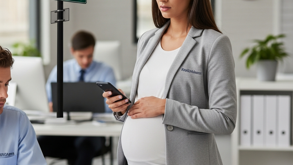 A pregnant woman standing in a professional workplace setting looking concerned about her job status.