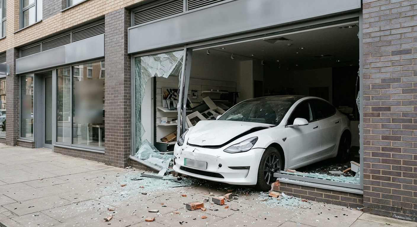 A white Tesla electric sedan with significant front-end damage resting partially inside a shattered storefront with bricks and glass scattered on the ground.