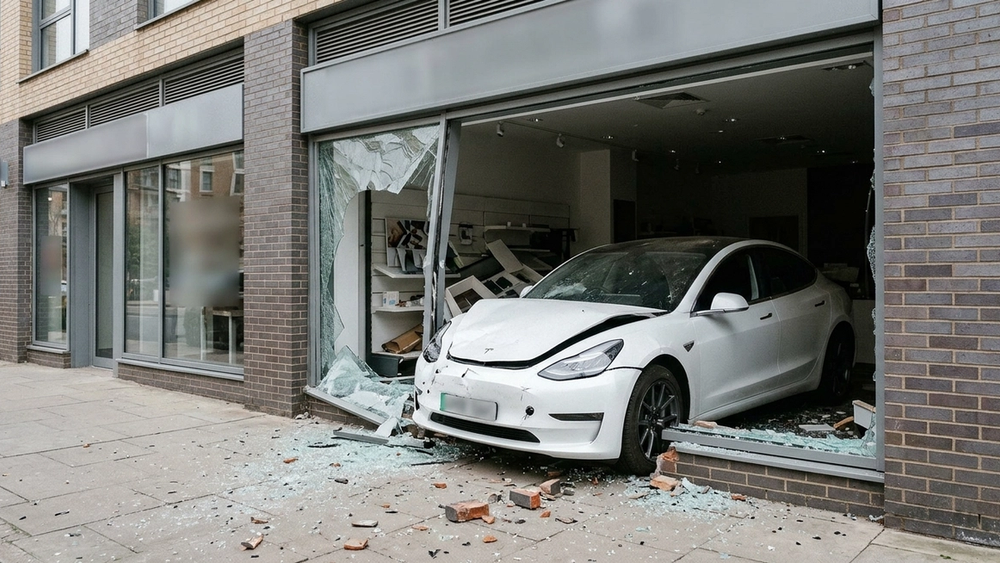 A white Tesla electric sedan with significant front-end damage resting partially inside a shattered storefront with bricks and glass scattered on the ground.