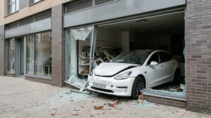 A white Tesla electric sedan with significant front-end damage resting partially inside a shattered storefront with bricks and glass scattered on the ground.