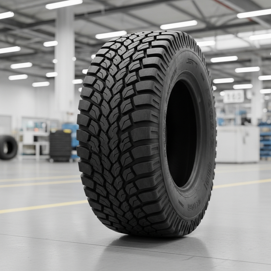 A close-up of a large specialty rubber tire with a deep tread pattern resting on a factory floor in a manufacturing facility.