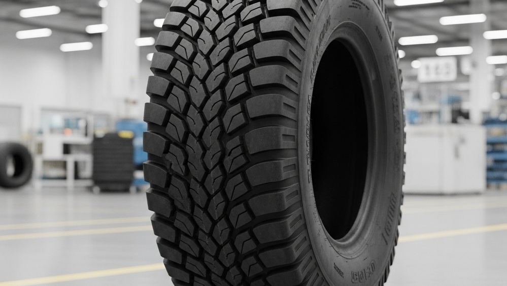 A close-up of a large specialty rubber tire with a deep tread pattern resting on a factory floor in a manufacturing facility.