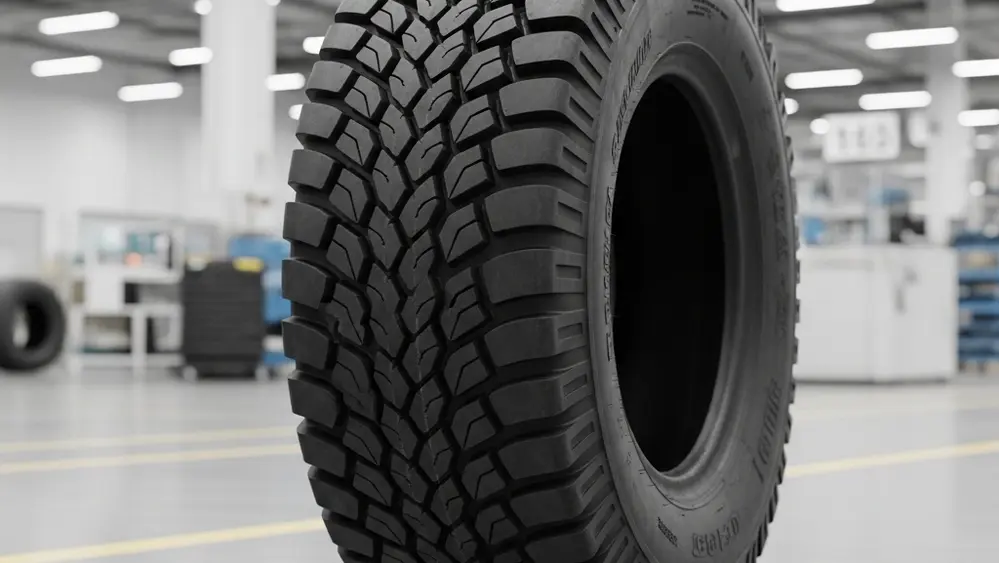 A close-up of a large specialty rubber tire with a deep tread pattern resting on a factory floor in a manufacturing facility.