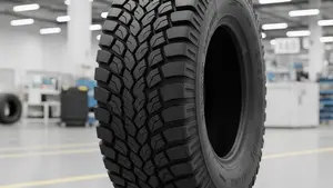 A close-up of a large specialty rubber tire with a deep tread pattern resting on a factory floor in a manufacturing facility.